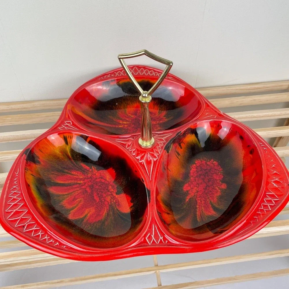 California Original Pottery Vintage MCM Red Orange Relish Tray Platter 3 Section